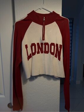 Garage London Half-Zip Cropped Knit Top - Red and Cream